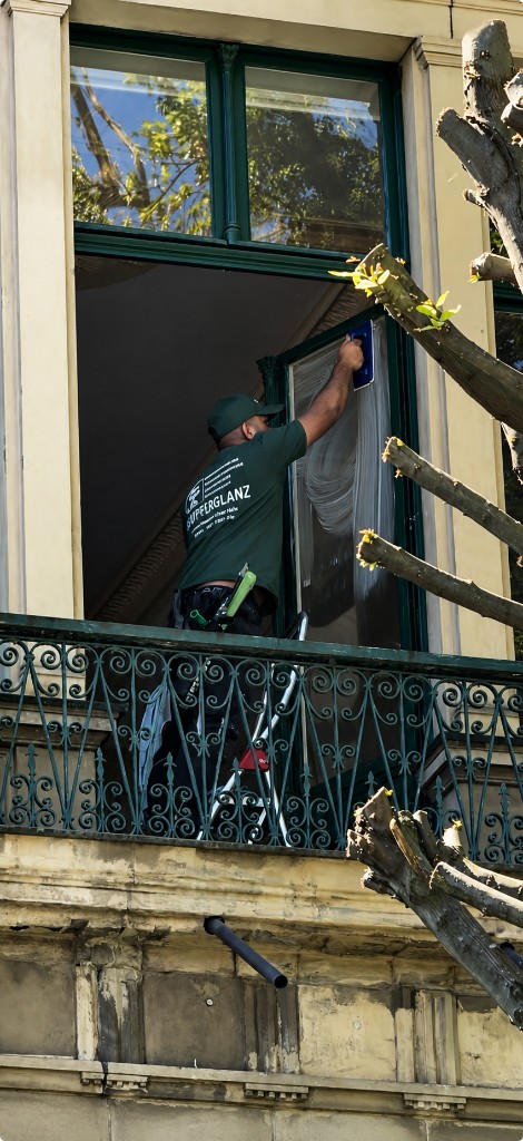 WupperGlanz Mitarbeiter bei der Fensterreinigung in Wuppertal – mit Firmenbekleidung